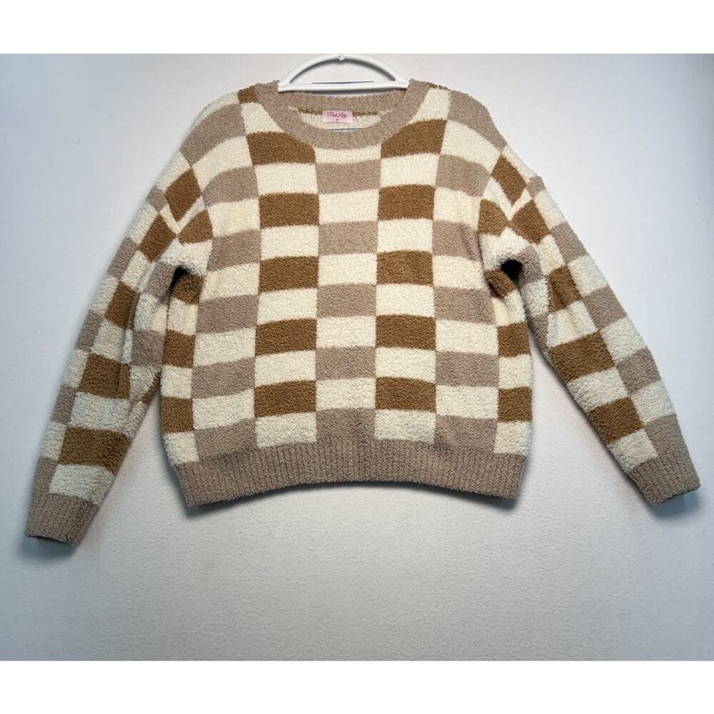 Pink Lily Crewneck Checkered Sweater Sz M Cream And Tan Teddy Bear Cozy Neutral